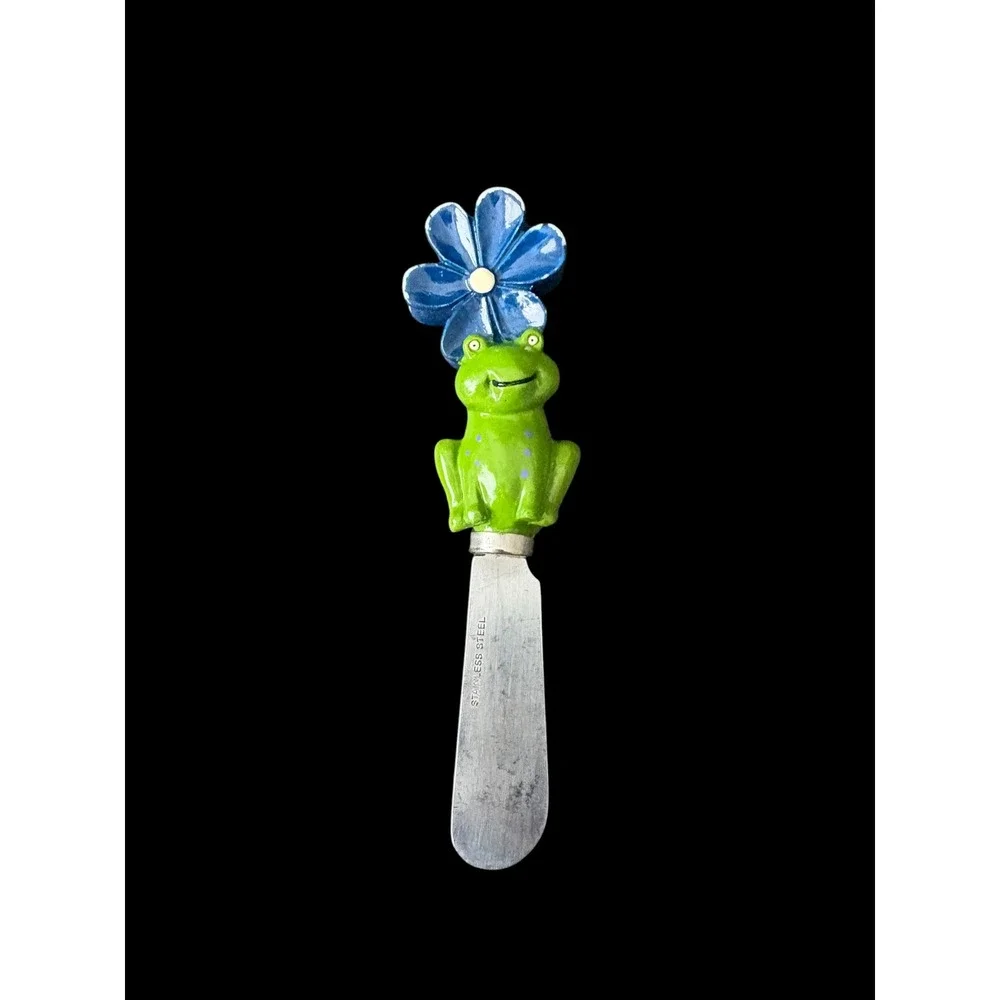 Frog Flower Cheese Spreader Knife Green Blue Stainless Steel Whimsical Decor
